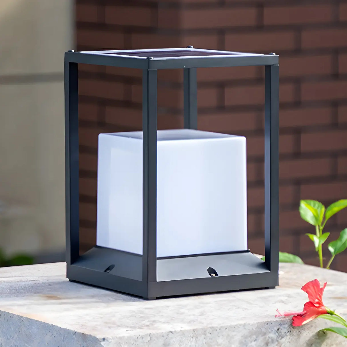 Simple Metal Black Frame Solar Outdoor White Cube Lamp Image - 3