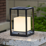 Simple Metal Black Frame Solar Outdoor White Cube Lamp Image - 4