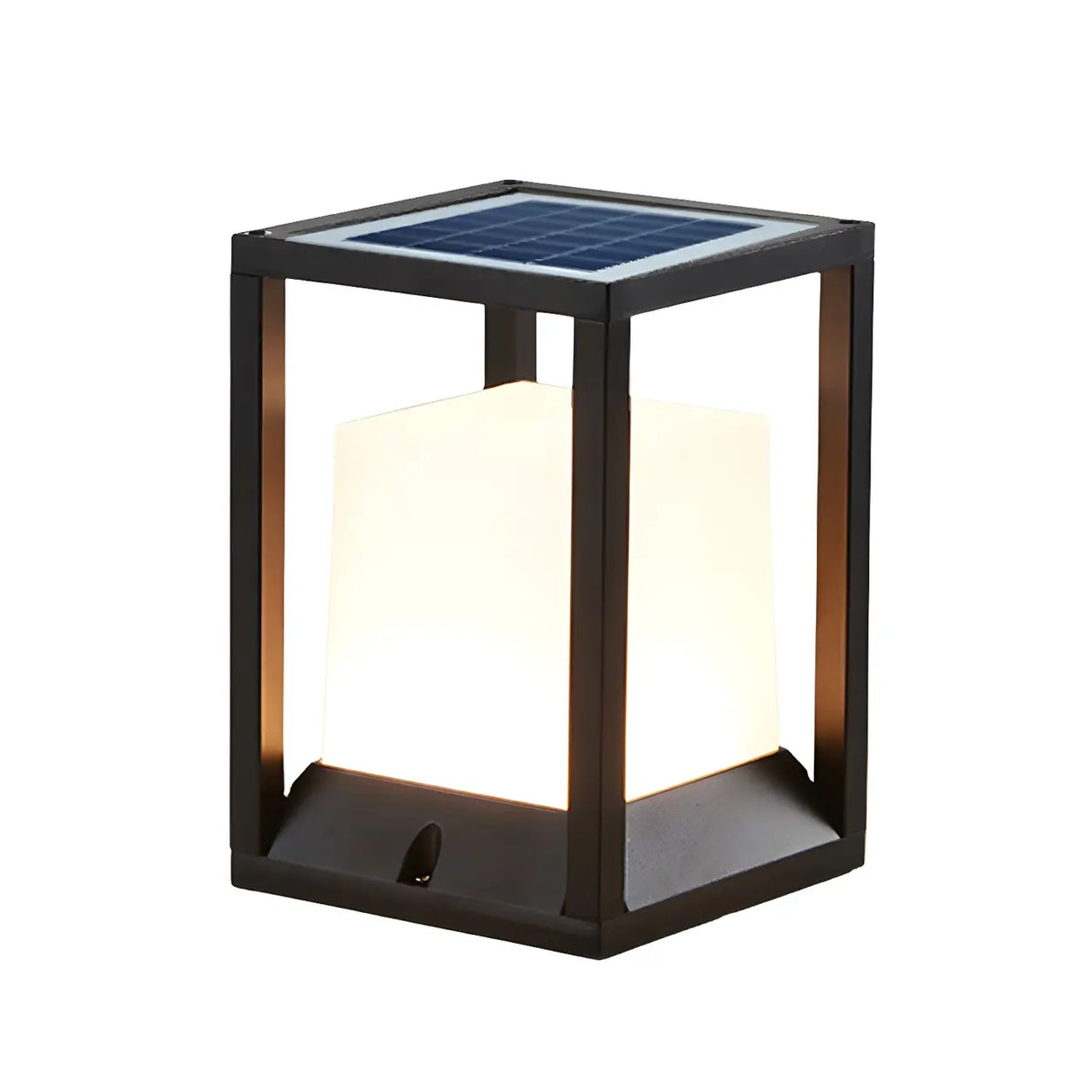 Simple Metal Black Frame Solar Outdoor White Cube Lamp Image - 5