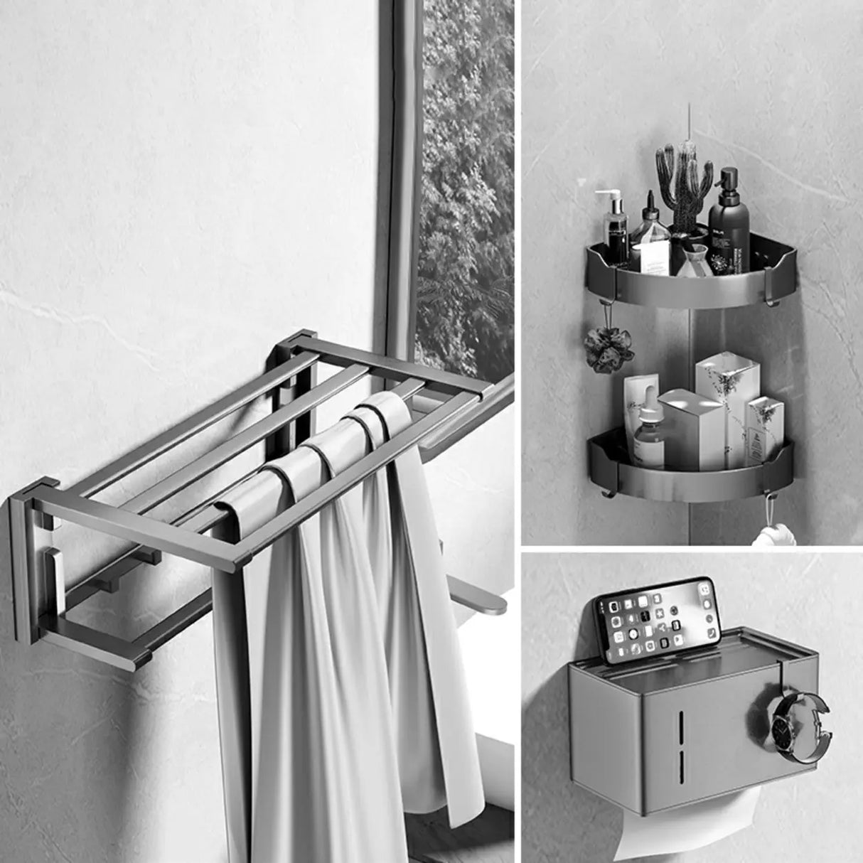 Simple Metal Grey Bathroom Hardware Set with Shelves Image - 15