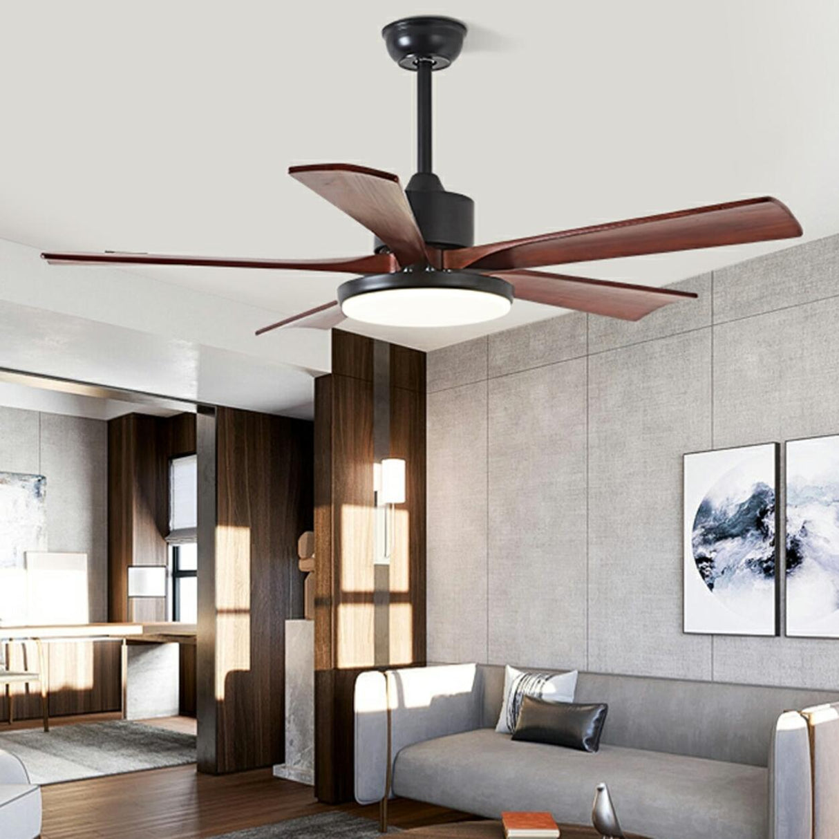 Simple Modern 5 Blade Solid Wood Ceiling Fan with Light Image - 2