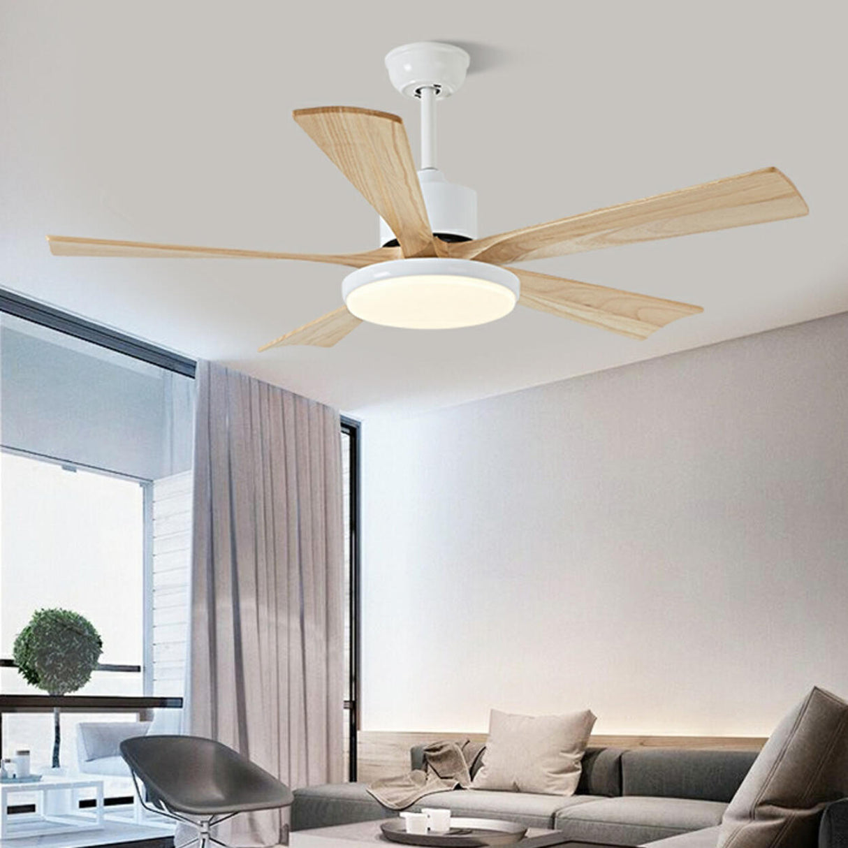 Simple Modern 5 Blade Solid Wood Ceiling Fan with Light Image - 3