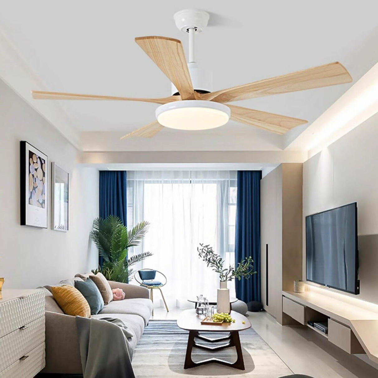 Simple Modern 5 Blade Solid Wood Ceiling Fan with Light Image - 4