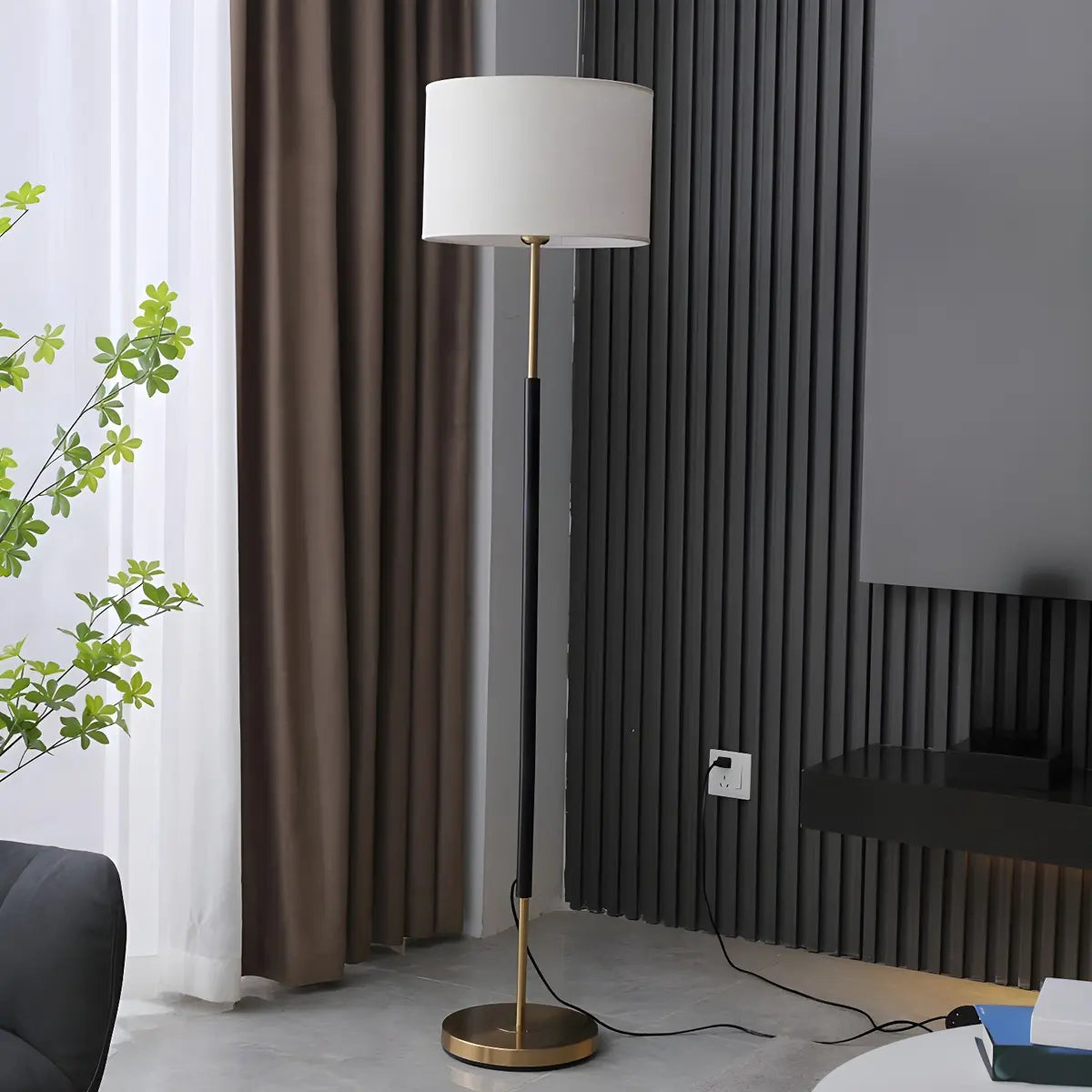 Simple Modern Drum Shade Gold and Black Floor Lamp Image - 3