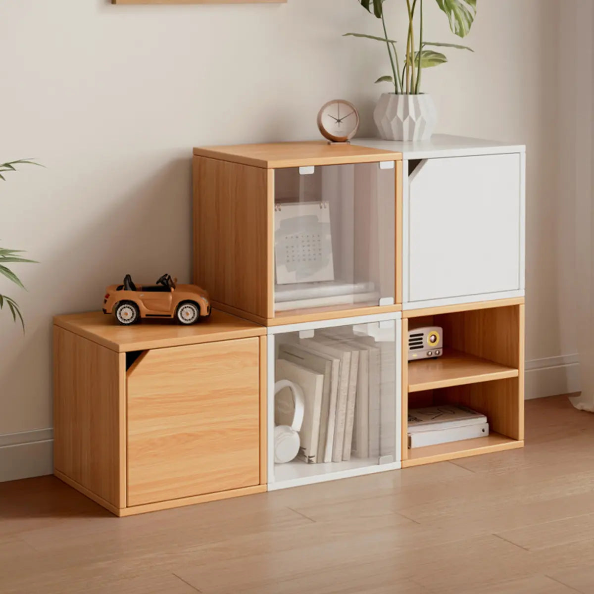 Simple Natural Finish Modular Wooden Cube Bookcase Image - 1