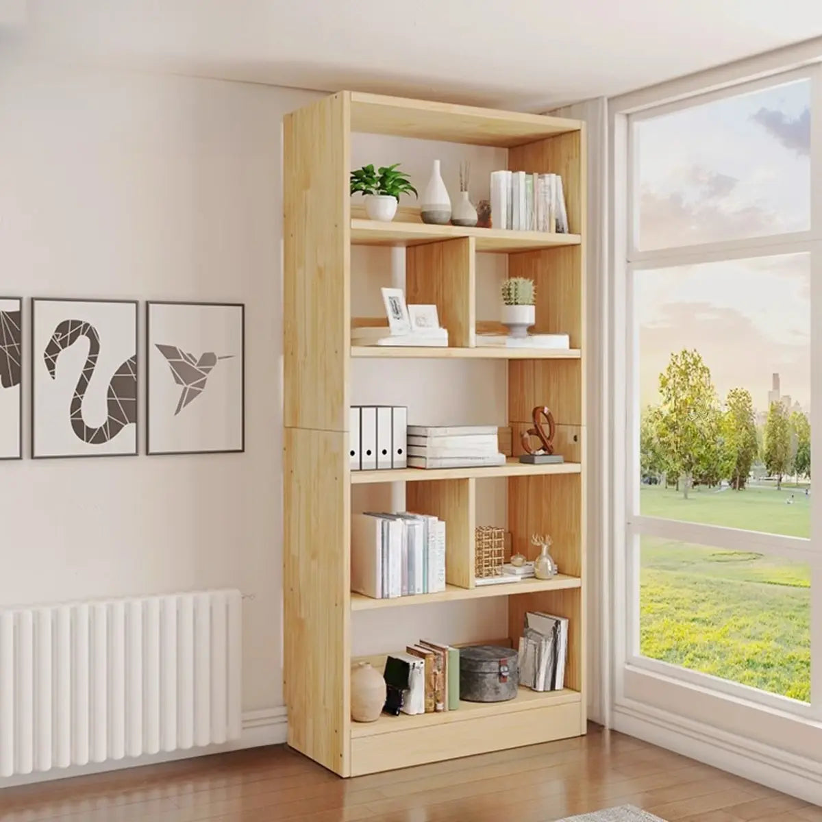 Simple Natural Finish Multi-tier Pine Display Bookcase Image - 3