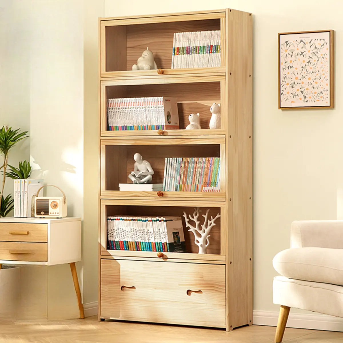 Simple Natural Finish Wood Vertical Display Bookcase Image - 12