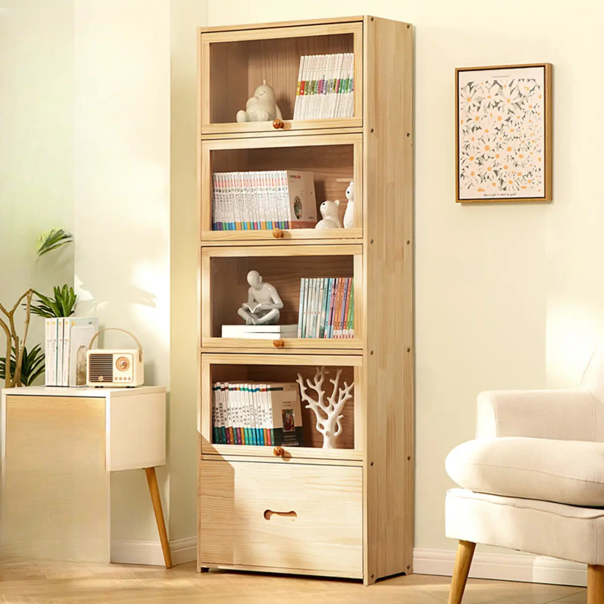 Simple Natural Finish Wood Vertical Display Bookcase Image - 13