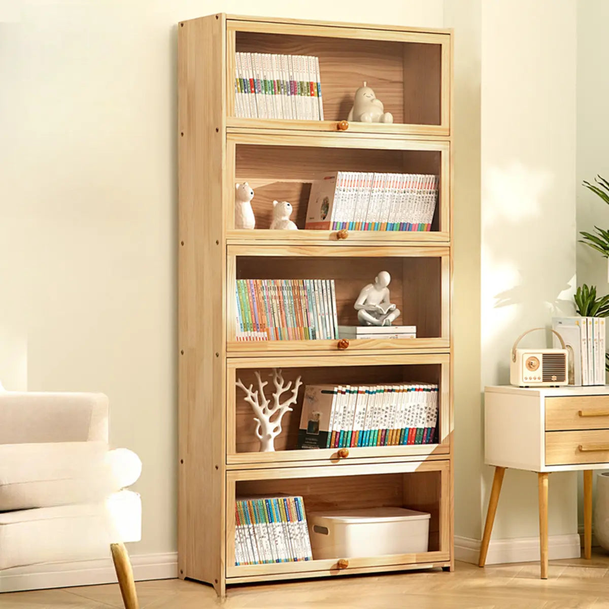 Simple Natural Finish Wood Vertical Display Bookcase Image - 18