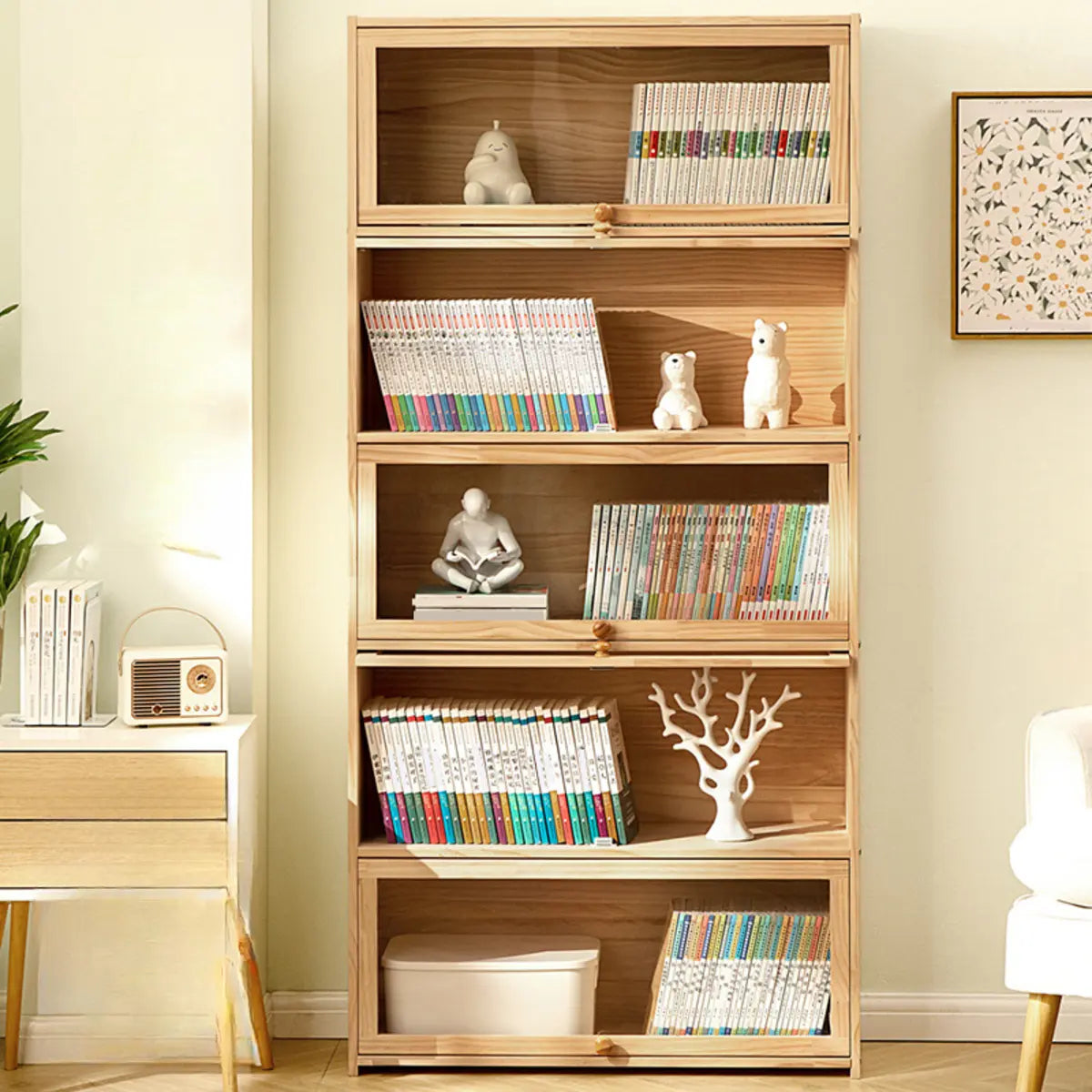 Simple Natural Finish Wood Vertical Display Bookcase Image - 2