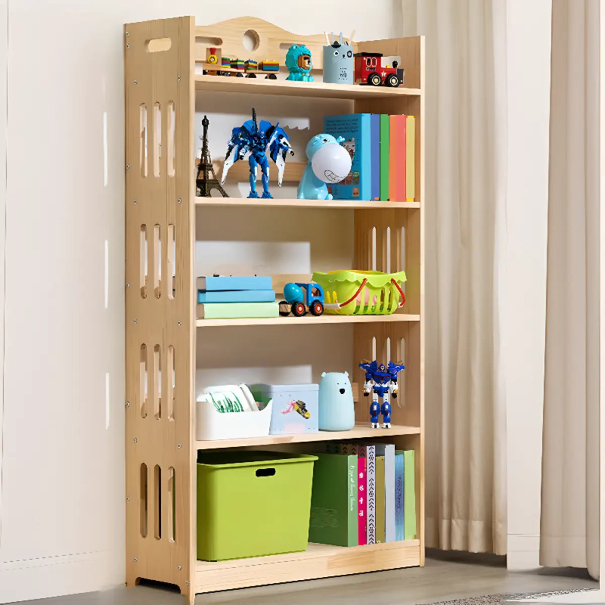 Simple Natural Finish Wood Vertical Display Bookcase Image - 30