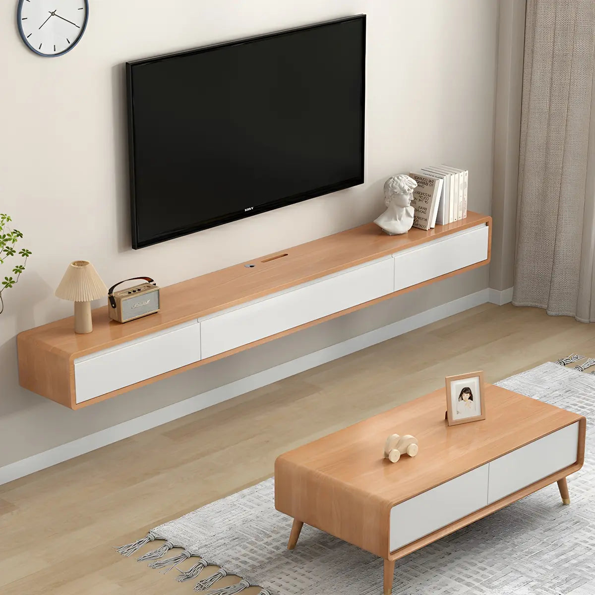 Simple Natural Wood-White Wall-Mount Cabinet TV Stand Image - 15