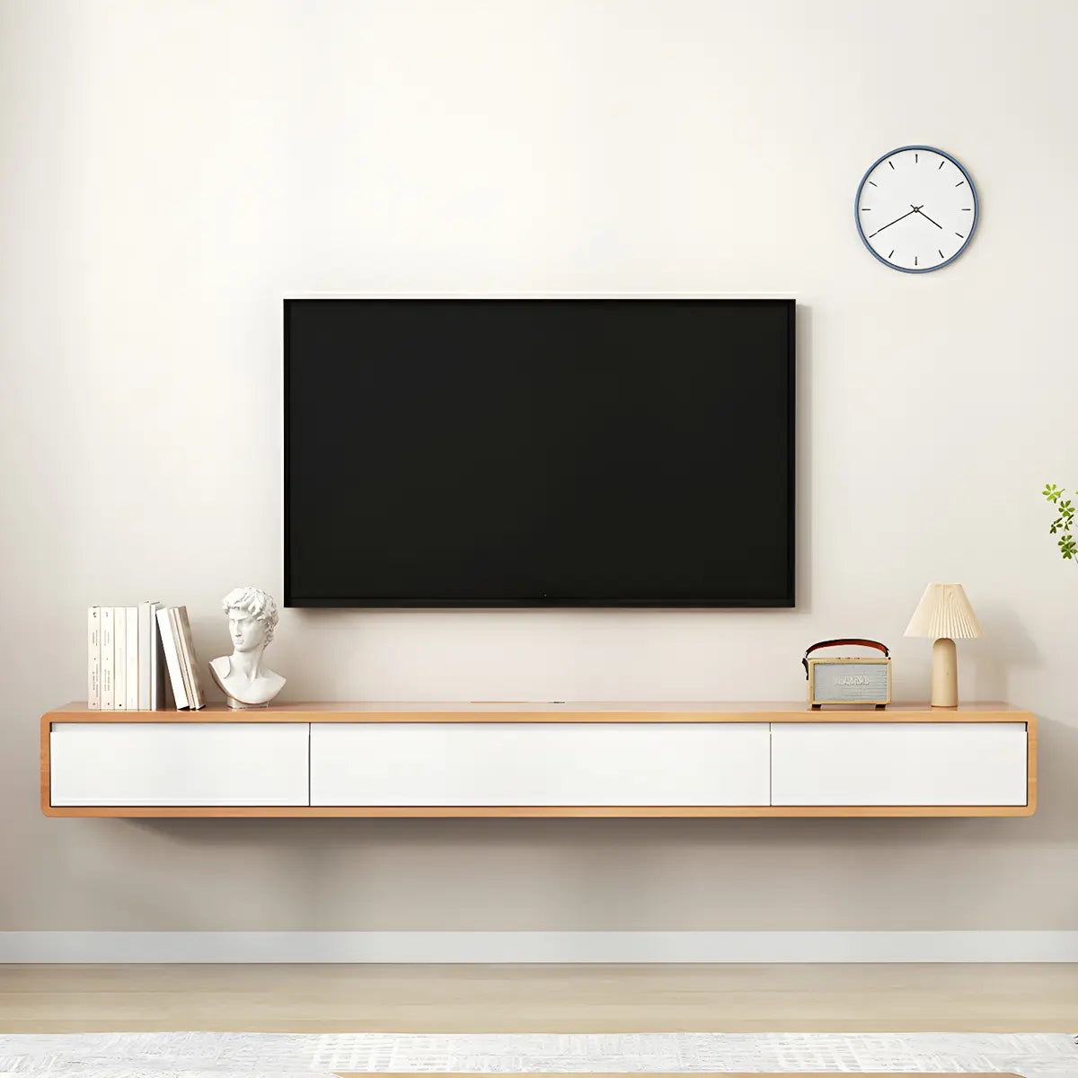 Simple Natural Wood-White Wall-Mount Cabinet TV Stand Image - 18