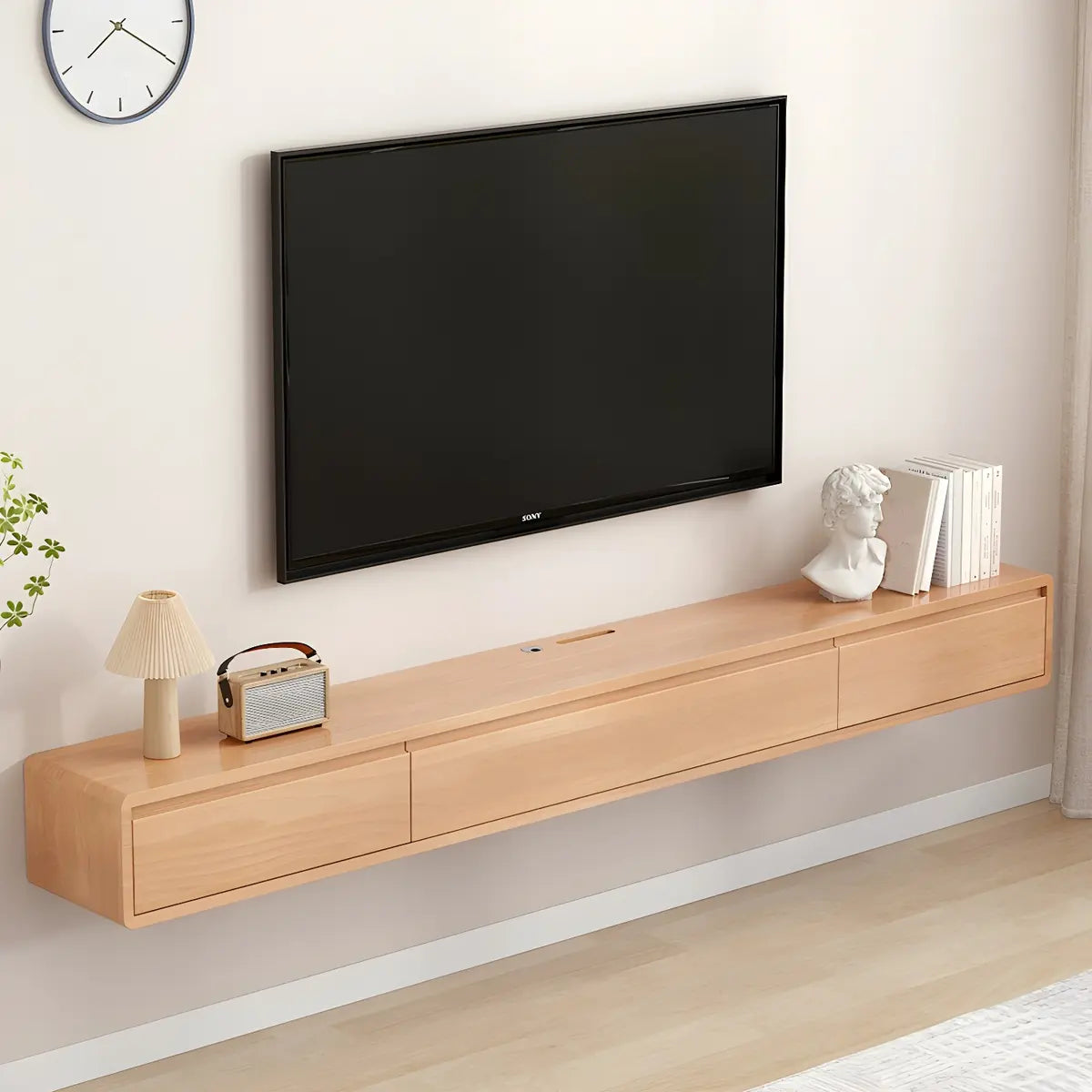 Simple Natural Wood-White Wall-Mount Cabinet TV Stand Image - 8