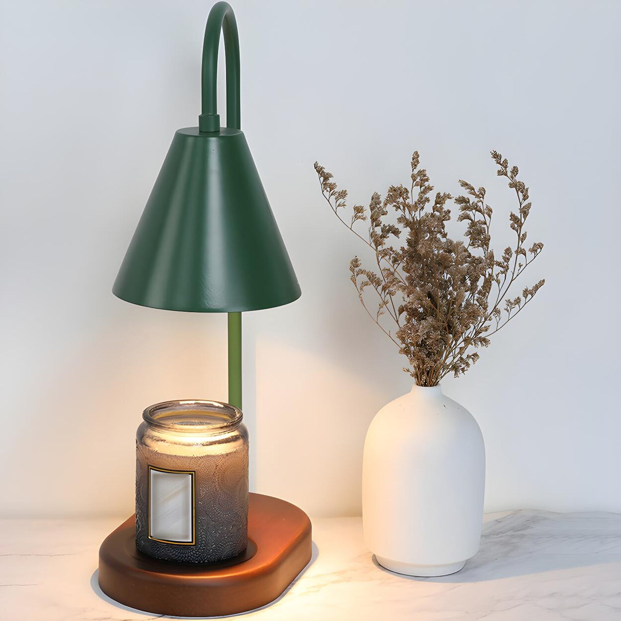 Simple Nordic Green Cone Shade Wooden Base Table Lamp Image - 12