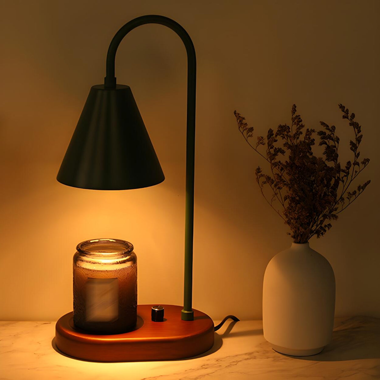 Simple Nordic Green Cone Shade Wooden Base Table Lamp Image - 14