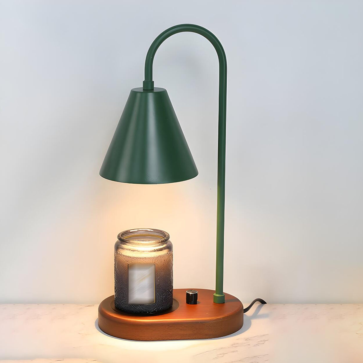 Simple Nordic Green Cone Shade Wooden Base Table Lamp Image - 3