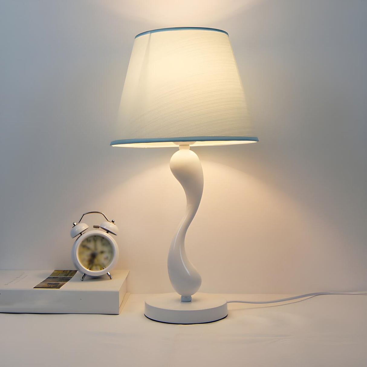 Simple Nordic White Fabric Curved Metal Base Table Lamp Image - 3