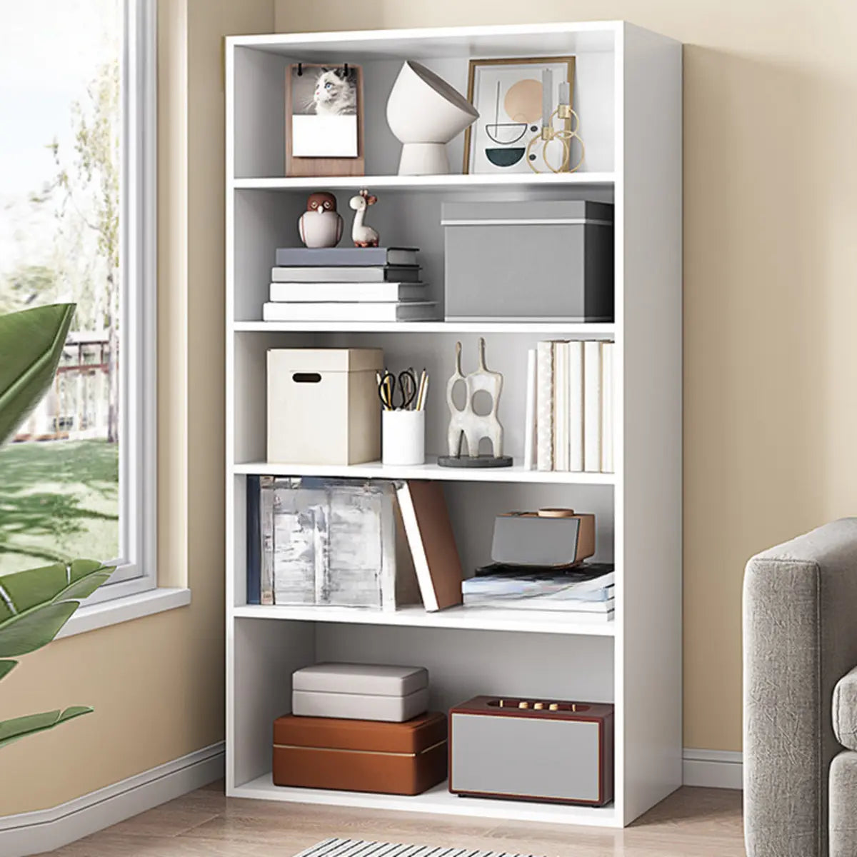 Simple Oak Beige Vertical Closed Back Medium Bookcase Image - 11