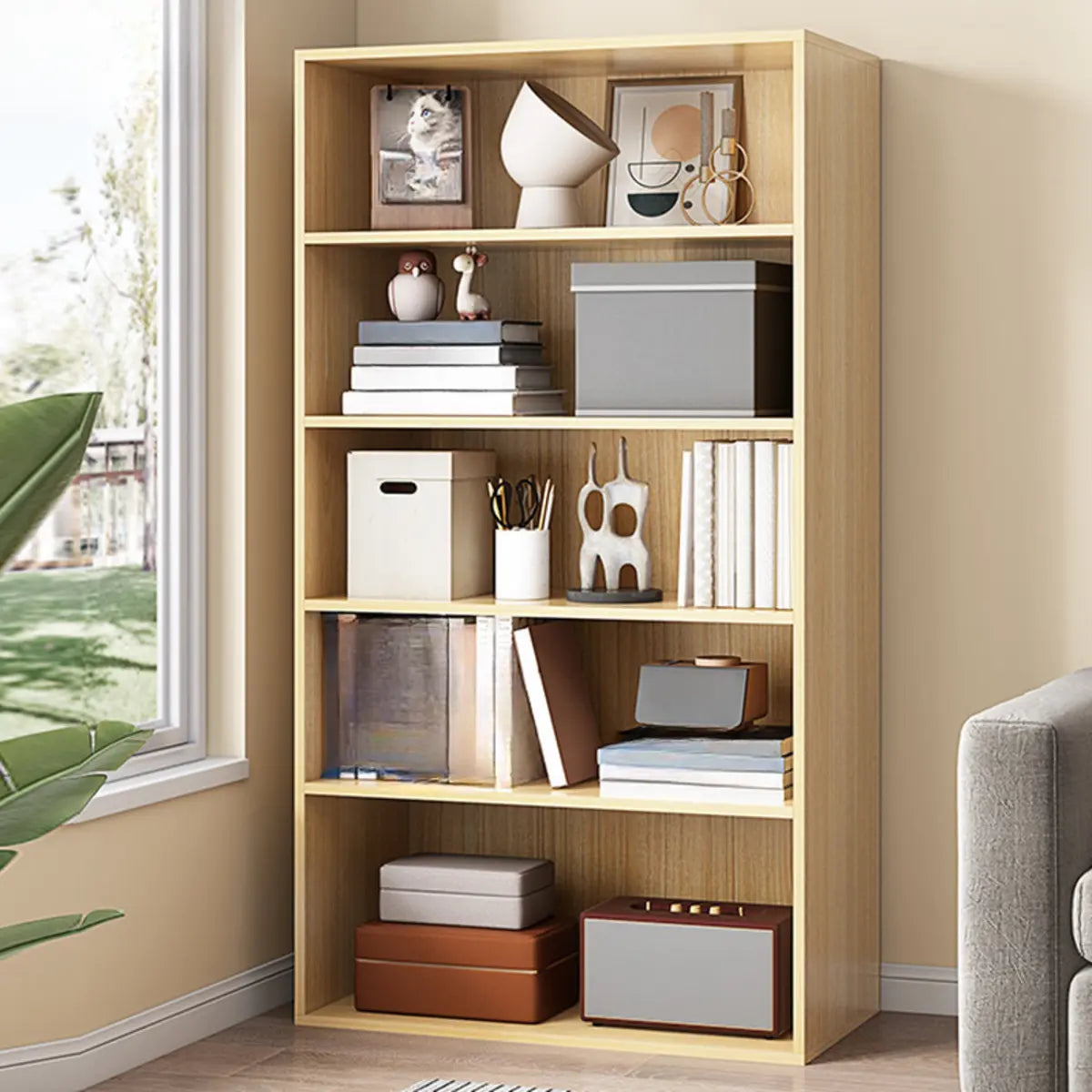 Simple Oak Beige Vertical Closed Back Medium Bookcase Image - 9