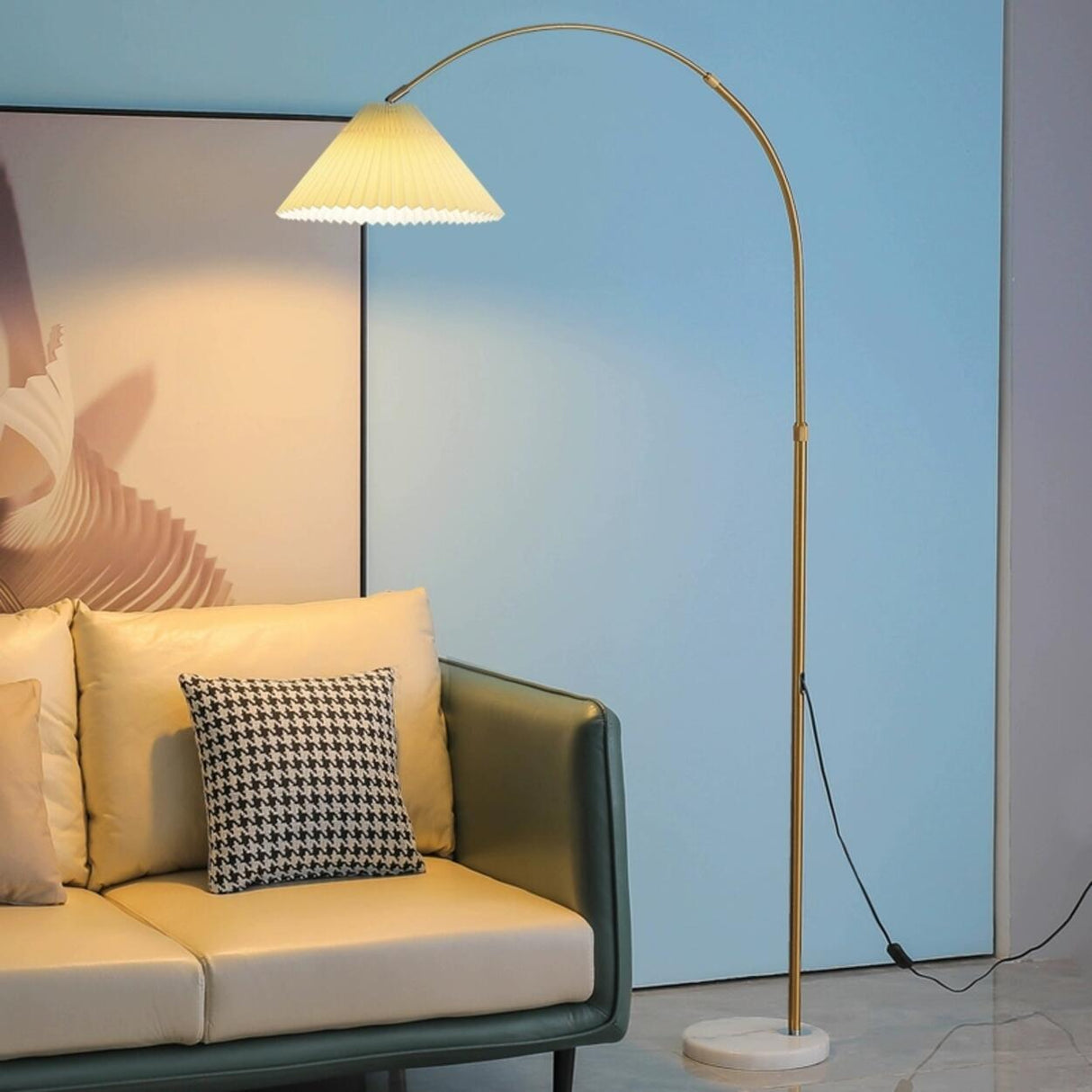 Simple Pleated Shade Adjustable Gold Arched Floor Lamp Image - 1