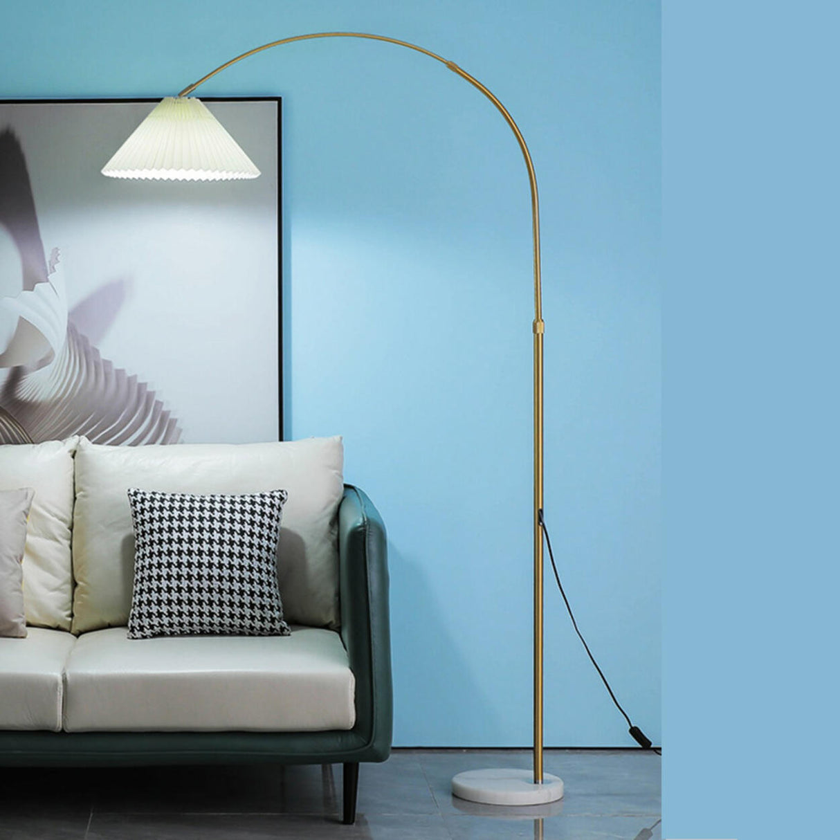 Simple Pleated Shade Adjustable Gold Arched Floor Lamp Image - 2