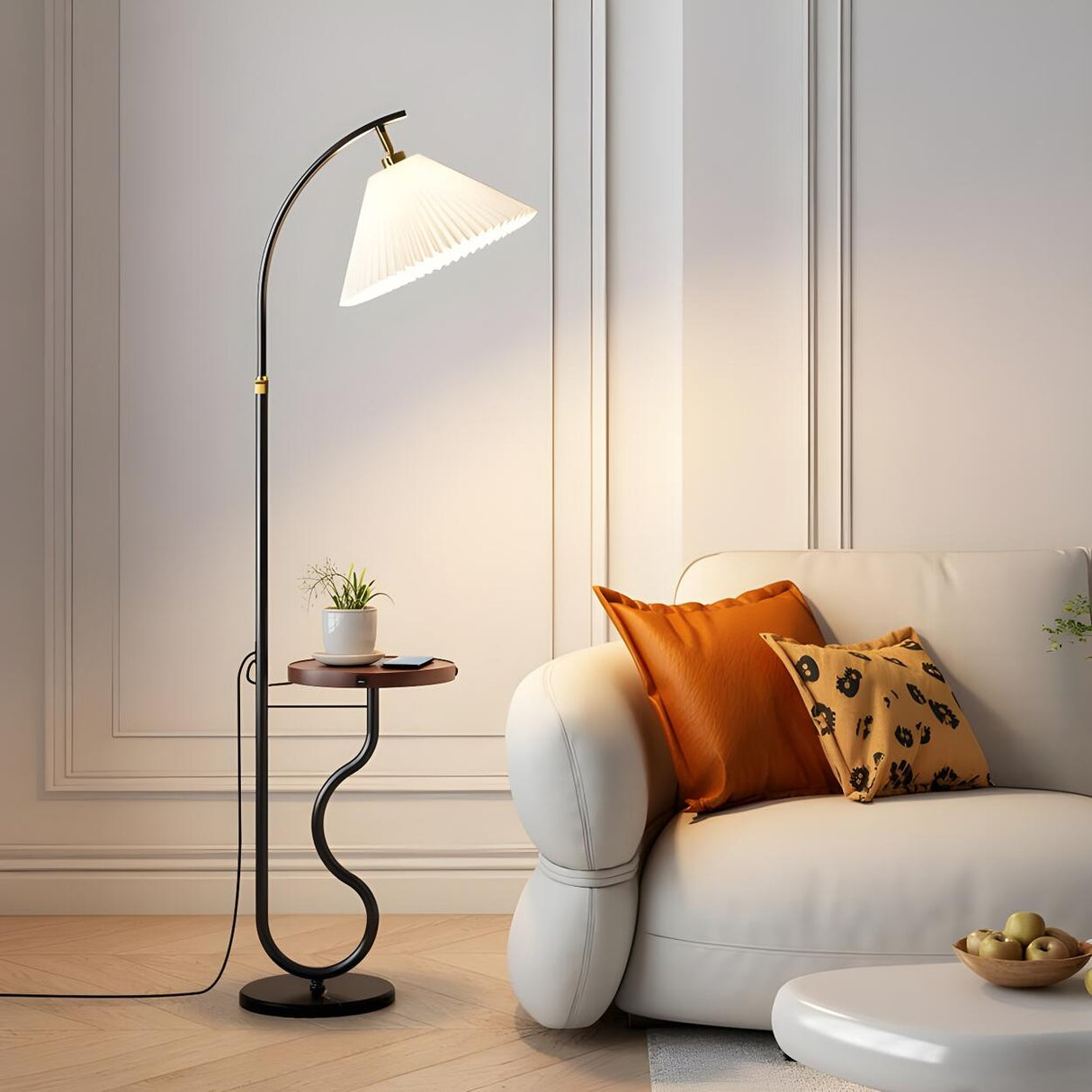 Simple Pleated Shade Curved Side Table Floor Lamp Image - 3