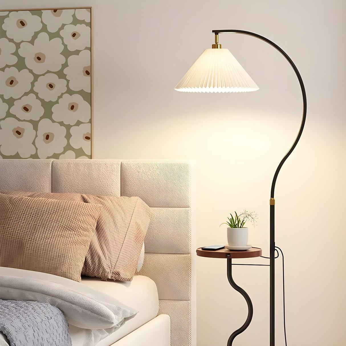 Simple Pleated Shade Curved Side Table Floor Lamp Image - 5