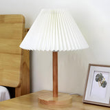 Simple Pleated Shade Wood Base LED Bedside Table Lamp Image - 1