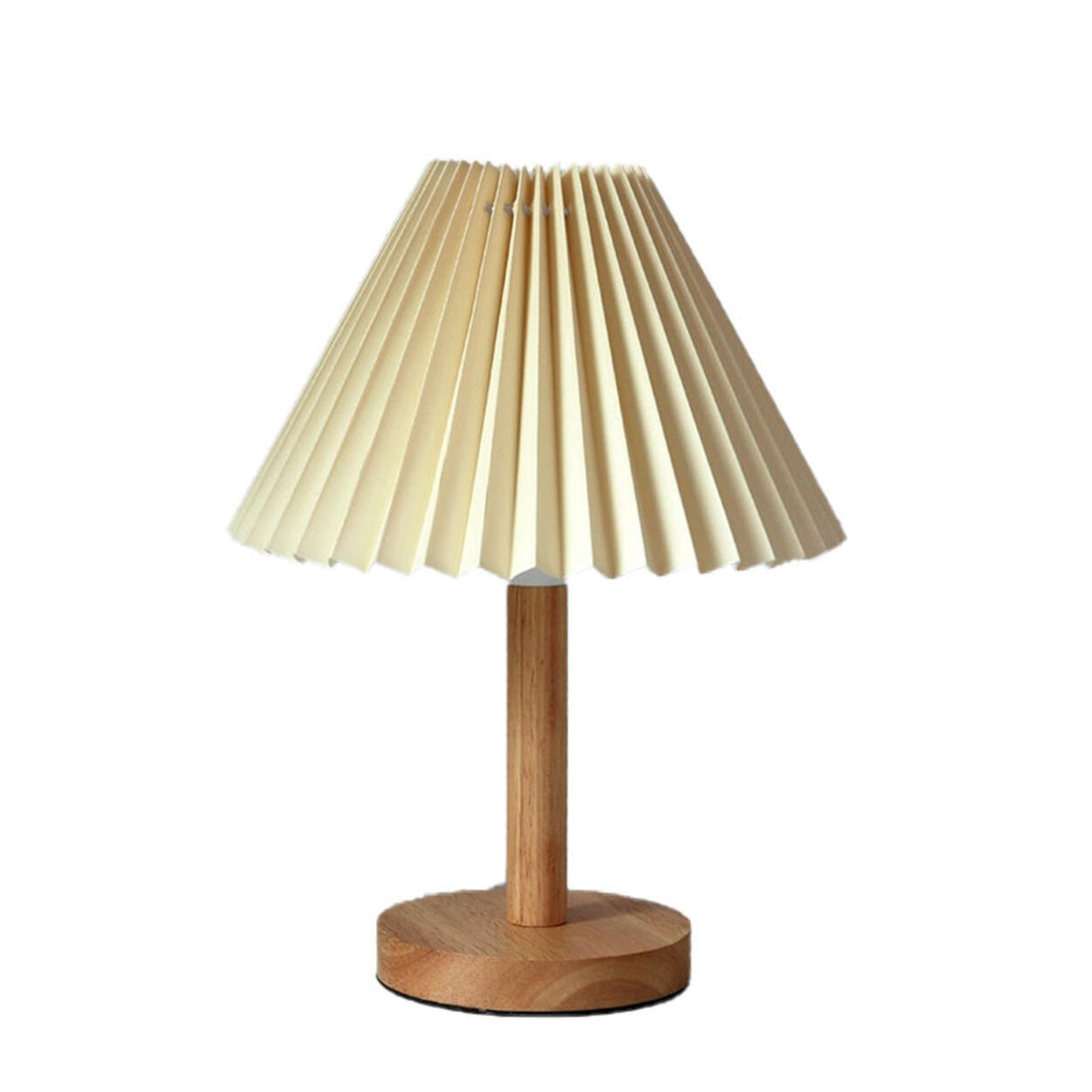 Simple Pleated Shade Wood Base LED Bedside Table Lamp Image - 10