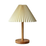 Simple Pleated Shade Wood Base LED Bedside Table Lamp Image - 11