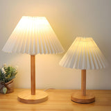 Simple Pleated Shade Wood Base LED Bedside Table Lamp Image - 2