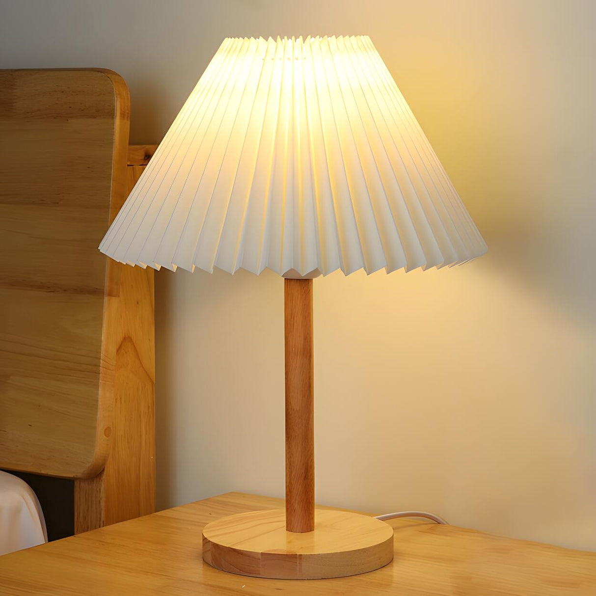 Simple Pleated Shade Wood Base LED Bedside Table Lamp Image - 3