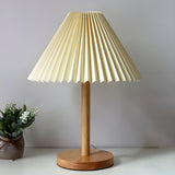 Simple Pleated Shade Wood Base LED Bedside Table Lamp Image - 4