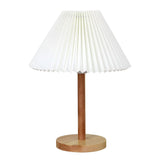 Simple Pleated Shade Wood Base LED Bedside Table Lamp Image - 5