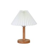 Simple Pleated Shade Wood Base LED Bedside Table Lamp Image - 8