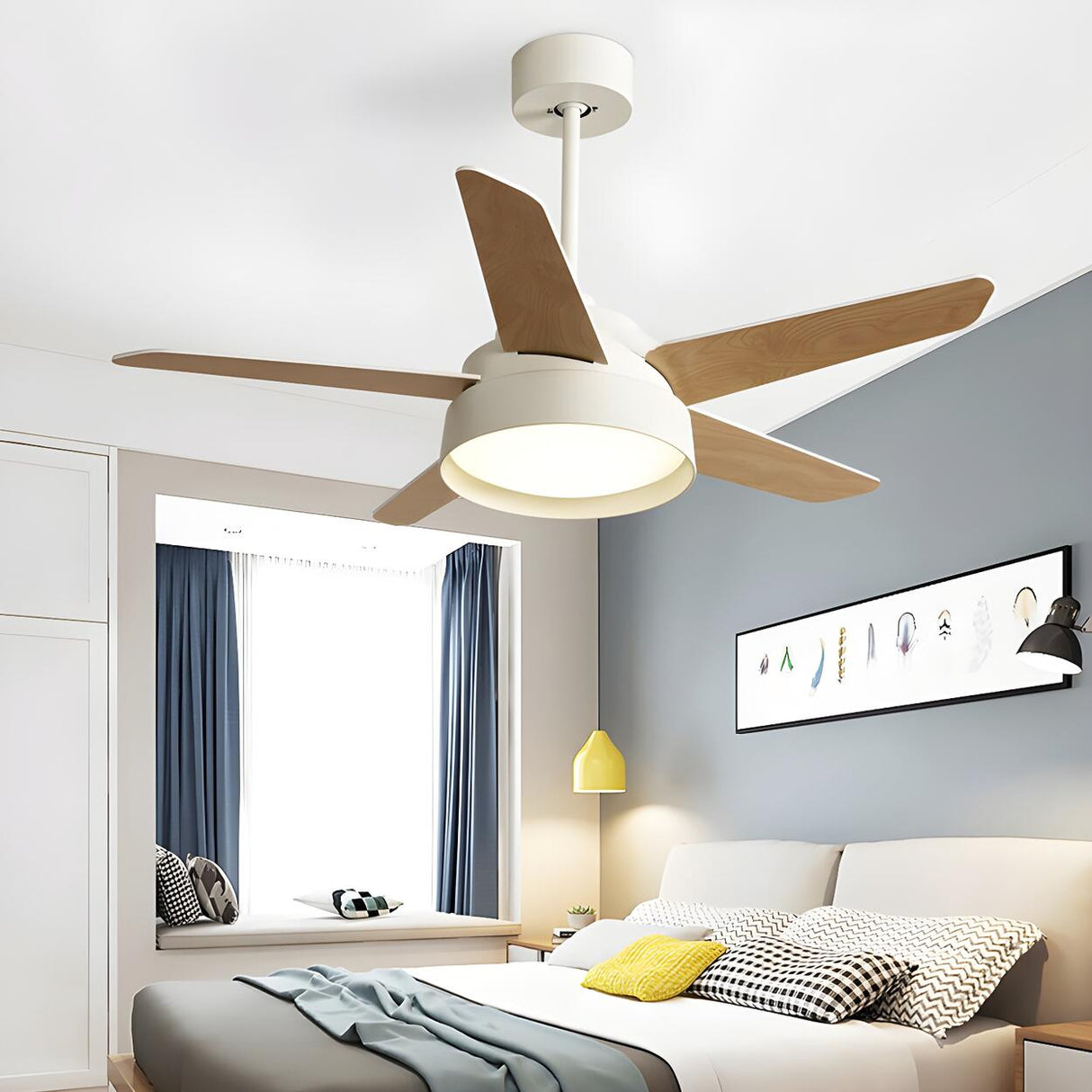 Simple Polished 5-Wood Blade Ceiling Fan with Light Image - 14