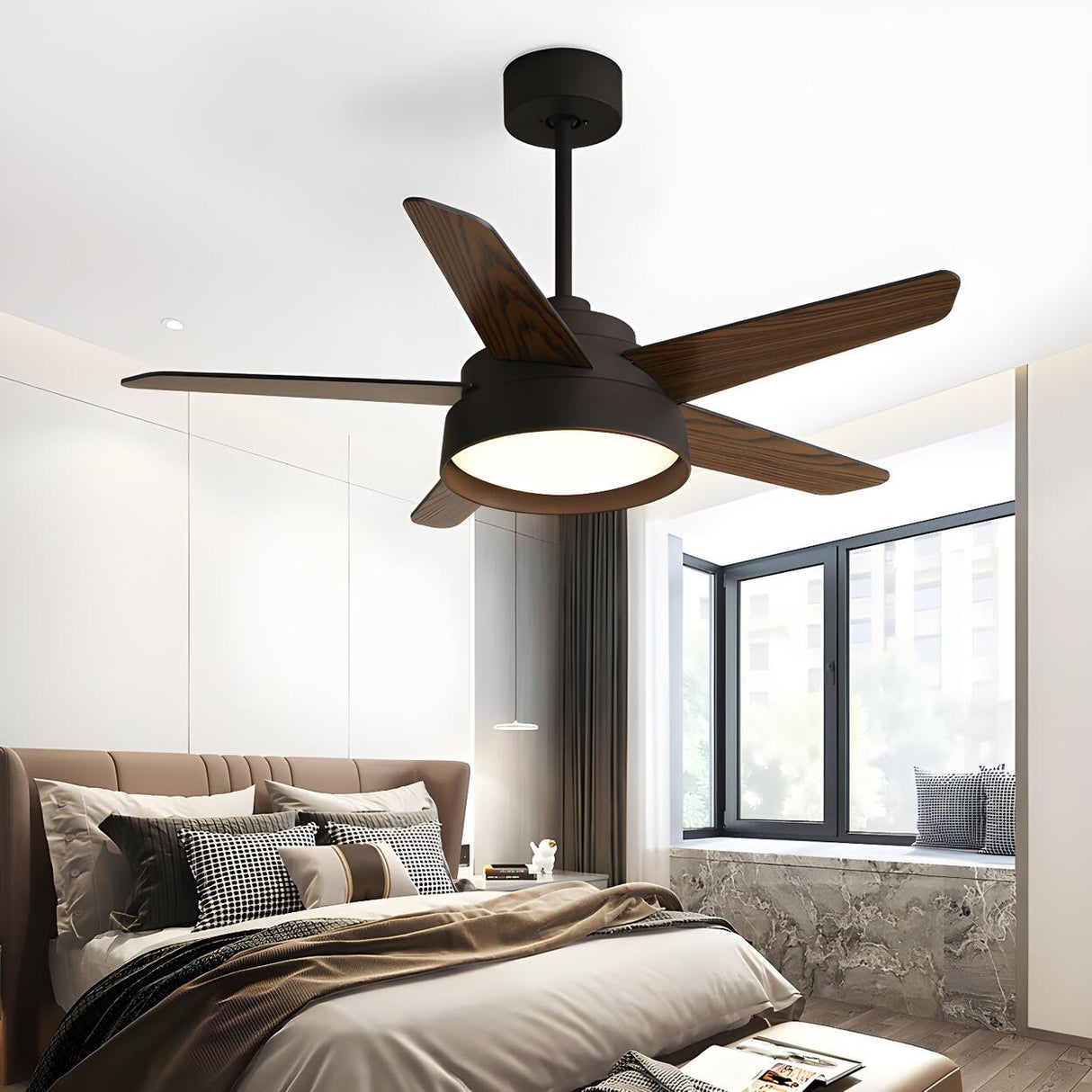 Simple Polished 5-Wood Blade Ceiling Fan with Light Image - 4