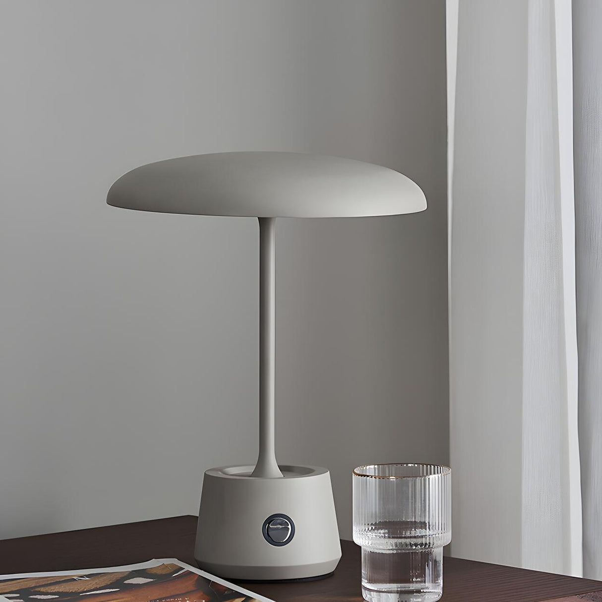 Simple Rechargeable Gray Round Shade Modern Table Lamp Image - 8