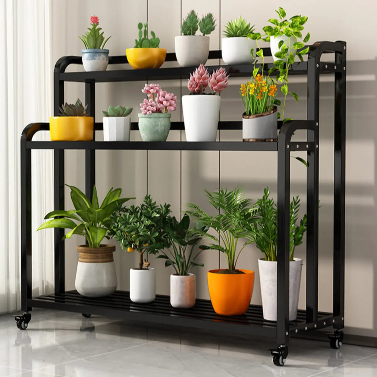 Simple Rectangle 3 Tiers Metal Sliding Plant Stand Black Image - 1