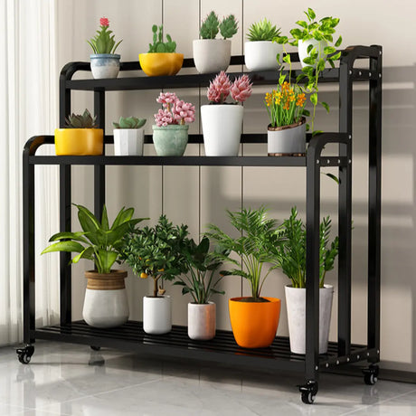 Simple Rectangle 3 Tiers Metal Sliding Plant Stand Black Image - 1