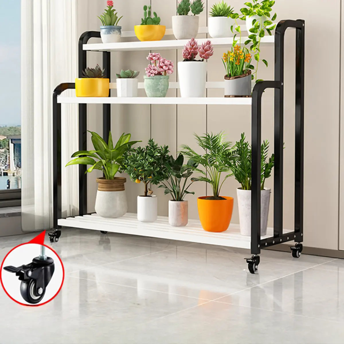 Simple Rectangle 3 Tiers Metal Sliding Plant Stand Black Image - 12