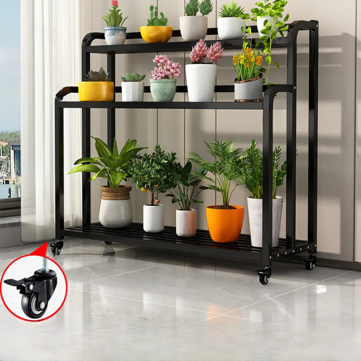 Simple Rectangle 3 Tiers Metal Sliding Plant Stand Black Image - 15