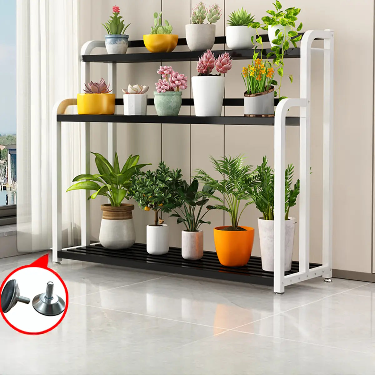 Simple Rectangle 3 Tiers Metal Sliding Plant Stand Black Image - 5