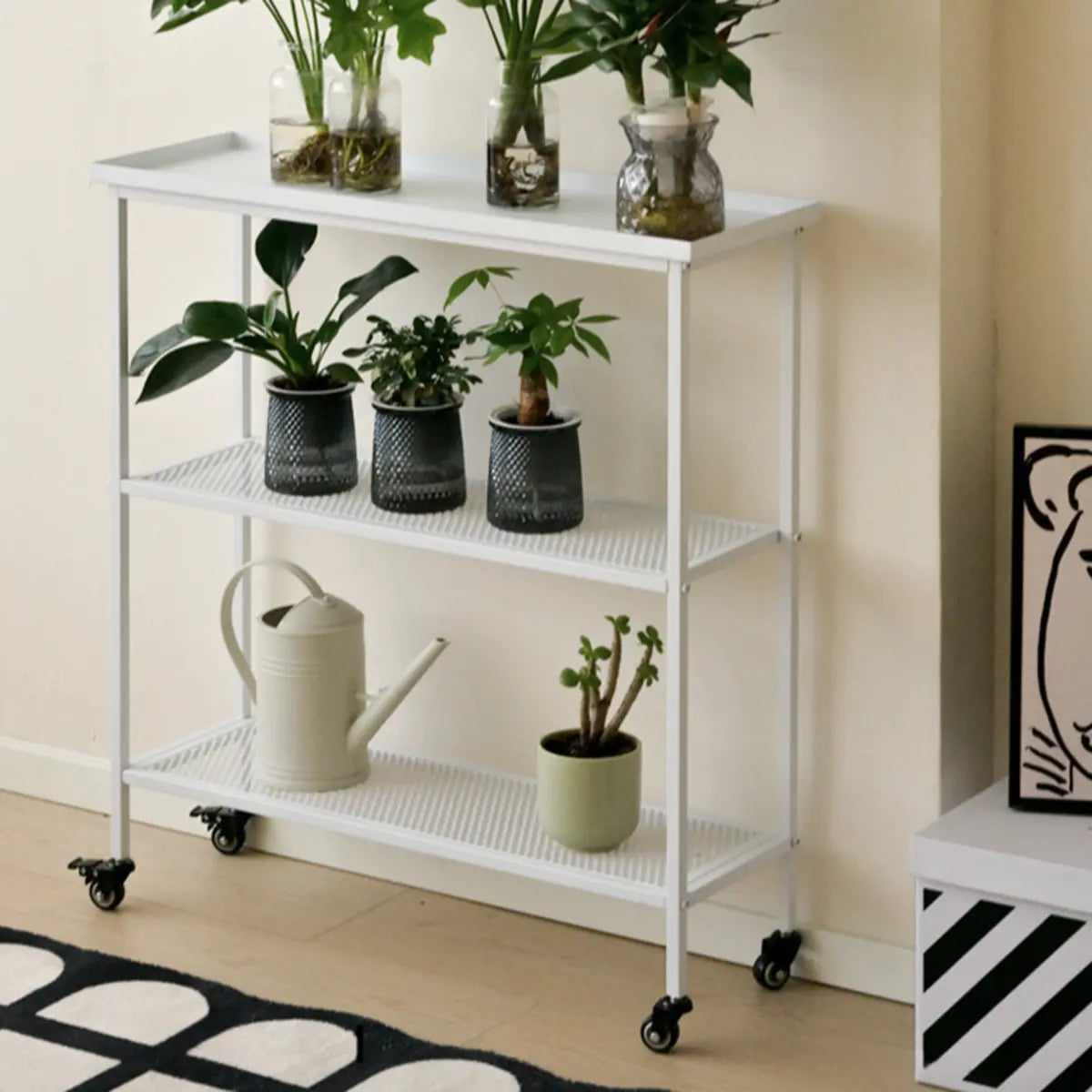 Simple Rectangle Metal Plant Stand Beige with Wheels Image - 8