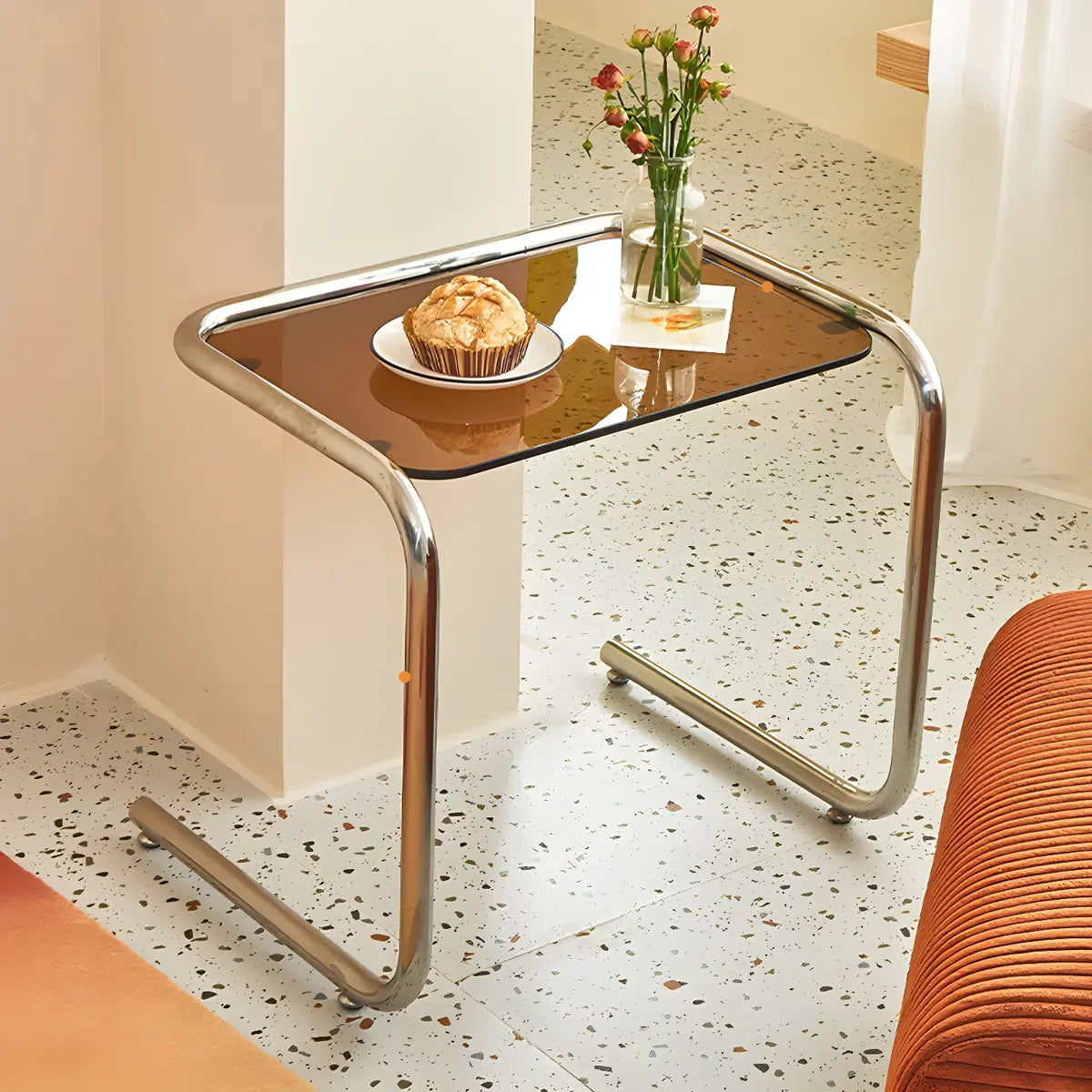 Simple Rectangular Glass Metal Clear C-Shaped Side Table Image - 5