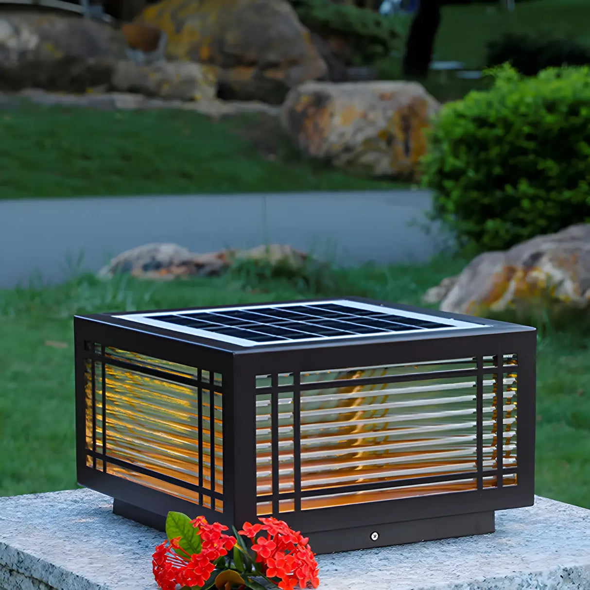 Simple Rectangular Glass Solar Metal Outdoor Lamp Brown Image - 1