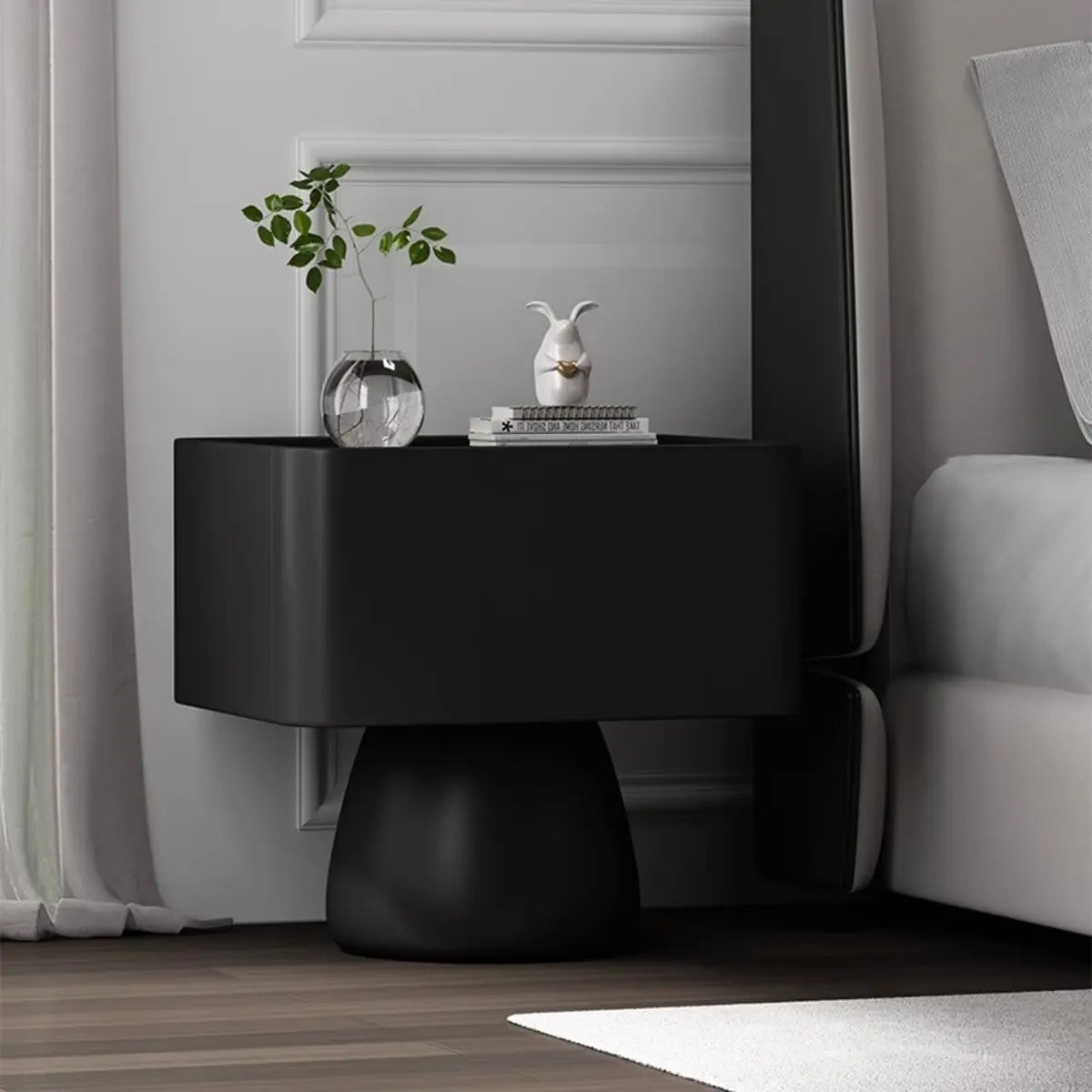 Simple Rectangular Wood Black Single Drawer Nightstand Image - 1