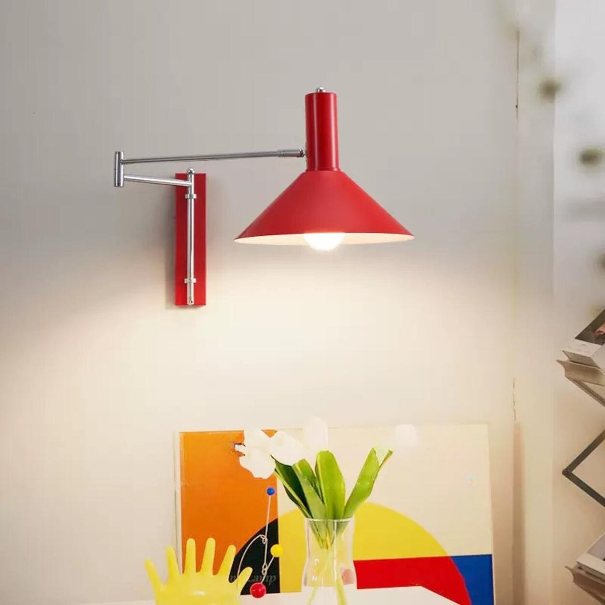 Simple Red Cone Metal LED Swing Arm Wall Sconce Image - 1