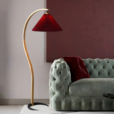 Simple Red Pleated Shade Curved Wooden Floor Lamp Image - 1